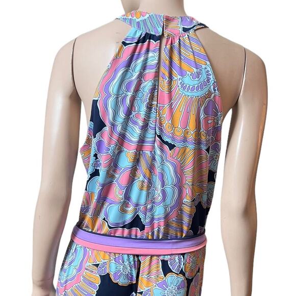 Trina Turk Halter Jumpsuit Milticolor Print Sleevless Size M Wide Leg Belted - Picture 6 of 13